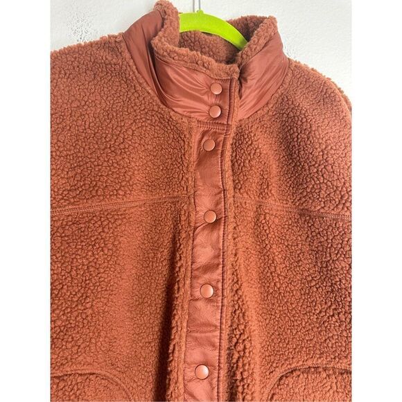 Old Navy Women Rust Fleece Sherpa Snap Button Jacket Fall Teddy Nylon Trim Sz L - Picture 2 of 9